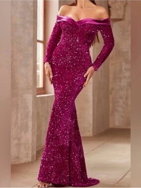 Off-Shoulder Sequin Mermaid Evening Dress in Magenta